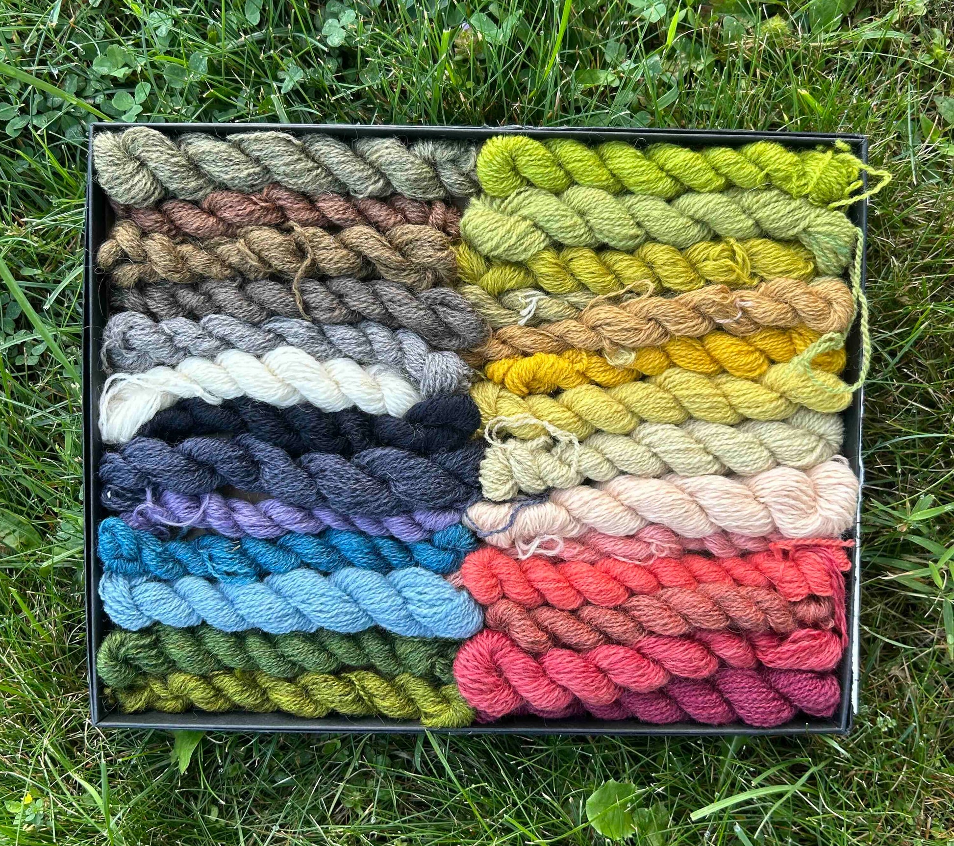 A black tray filled with multiple folded skeins of embroidery floss in many different colors, photographed from above on green grass.